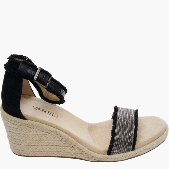 Vaneli Layry Black Canvas Tan Wedge Sandals Size 8.5 NIB - MSRP $175 - Picture 3 of 4